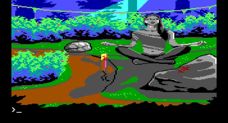 A screenshot from Tachyon Dreams Anthology showing Dodger standing in a forest in front of a large statue of a woman in a yoga pose.