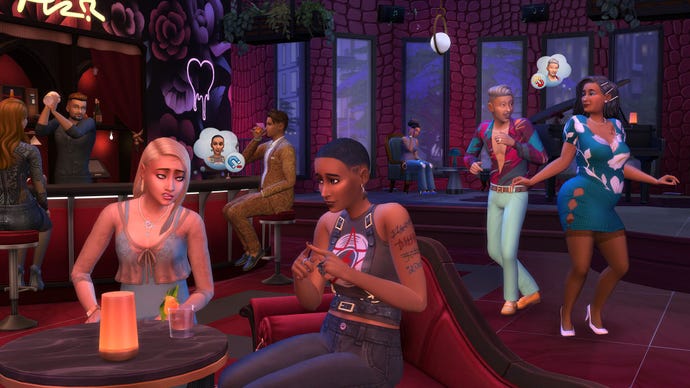 A few couples in The Sims 4 go on a date in a bar, with one or two of them looking awkward and uncomfortable.