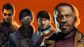 The heroes of Deus Ex, Dishonored, Prey, and Deathloop are arranged on an orange background.