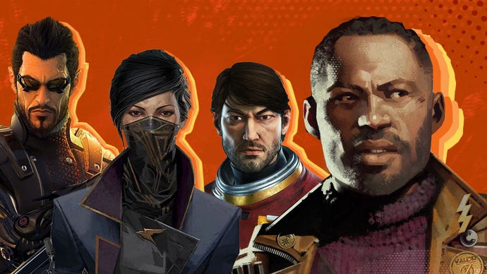 The heroes of Deus Ex, Dishonored, Prey, and Deathloop are arranged on an orange background.