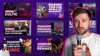 Vid bud Liam stands in front of a bunch of thumbnails for videos he made in 2022. There is also a skeleton.