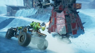 An ork in a buggy aims weapons at a Stompa in Warhammer 40,000: Speed Freeks.